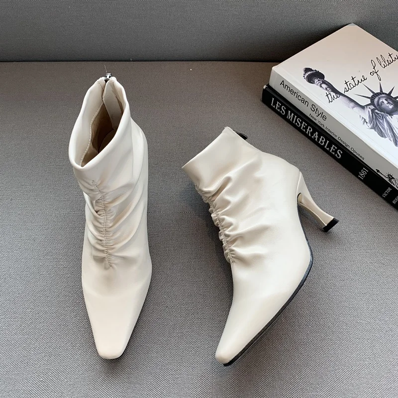 

High heel boots women shoes thin heels pointed toe women boots pleated fashion retro high heel woman boots ladies ankle boots