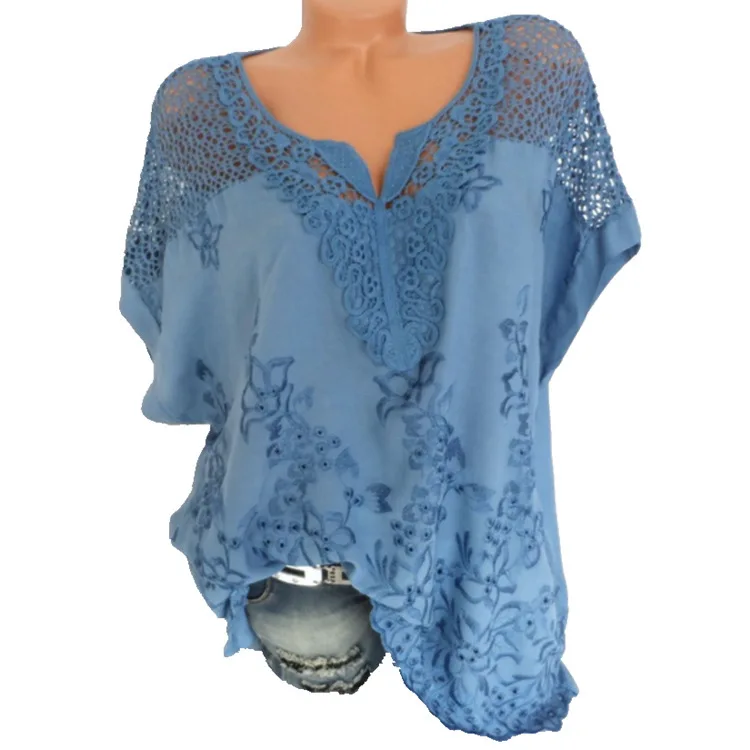 

6XL Women's Lace Blouses V-Neck Short Sleeve T-Shirts Embroidered Batwing Loose Shirt Summer Plus Size Chiffon Shirts Tops