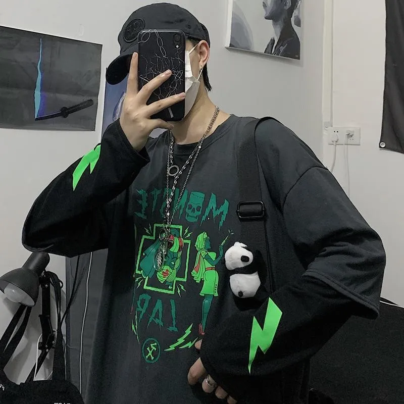 

Мужская футболка в стиле Харадзюку, серая Повседневная футболка с длинным рукавом и круглым вырезом, Мужская Уличная одежда для фитнеса, Пр...