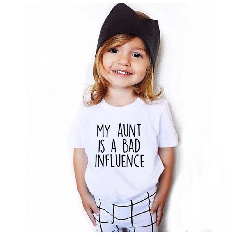 My Aunt Is A Bad Influence Funny Letter Print Kids Tshirt Boys Girls Short Sleeve T-shirt Aunt Present Baby Toddler Clothes 2021
