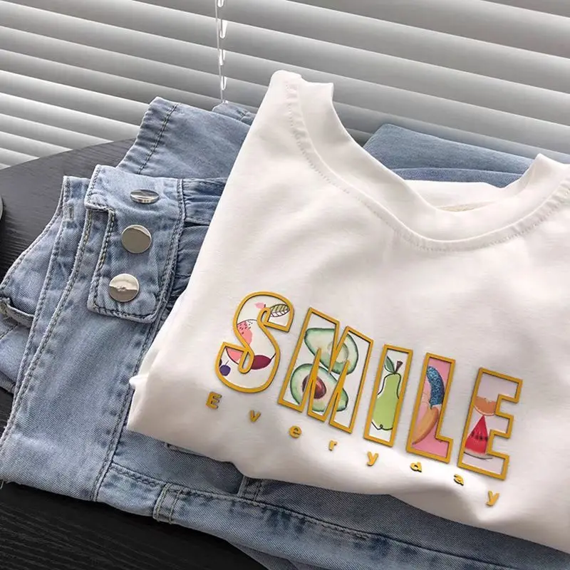 

2021 Summer Cotton Short Sleeve O Neck Loose T-shirt korean kawaii smile T Shirt Women harajuku girls Tee Shirt white Tops