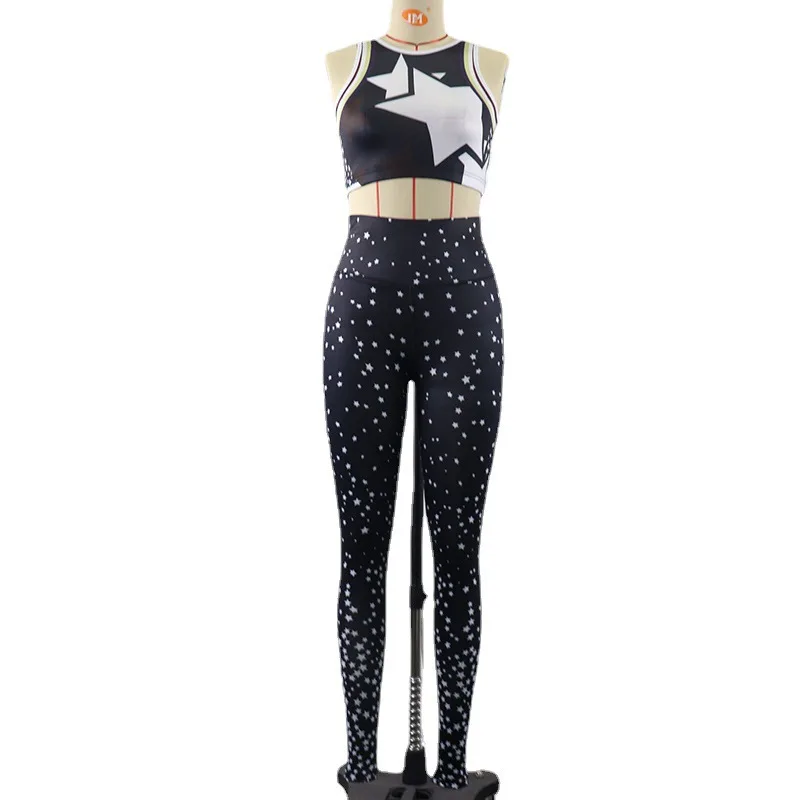 

Oluolin Tracksuit Women Sart Print Sporty 2 Two Piece Matching Set Tank Top with Pads High Waist Leggings Workout Outfits