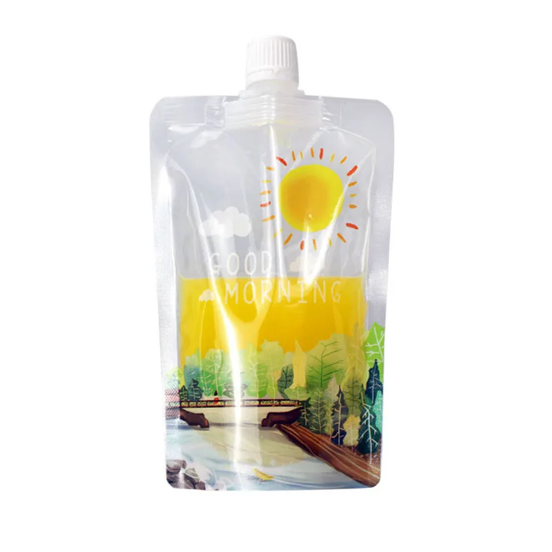 

100pcs Plastic Stand Up Spout Beverage Bags Good Morning Breakfast Fruit Juice Milk Packaging Storage Bag