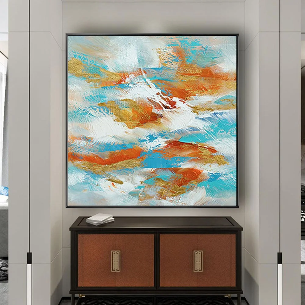 

Modern Abstract Blue Orange Oil Painting On Canvas 100% Handmade Scraper Texture Color Wall Art Picture For Home Decor Poster