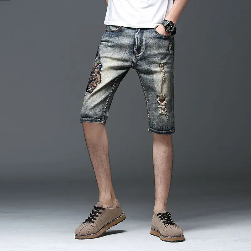 

Men's summer thin Embroidery Shorts slim skinny knee length stretch jeans