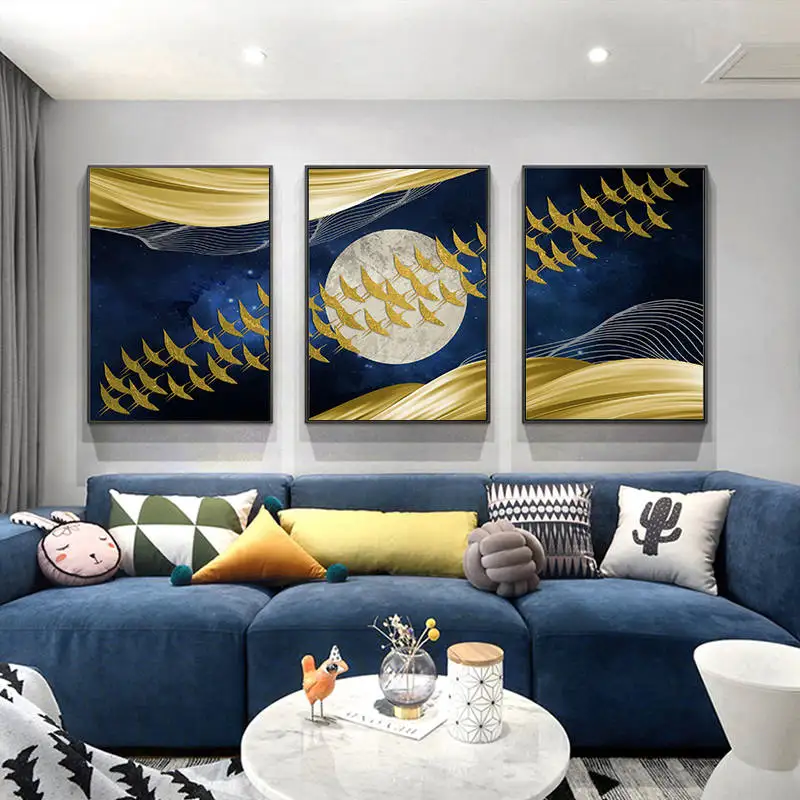 Абстрактная Луна стены искусства холст картины золотые горы птицы плакаты на