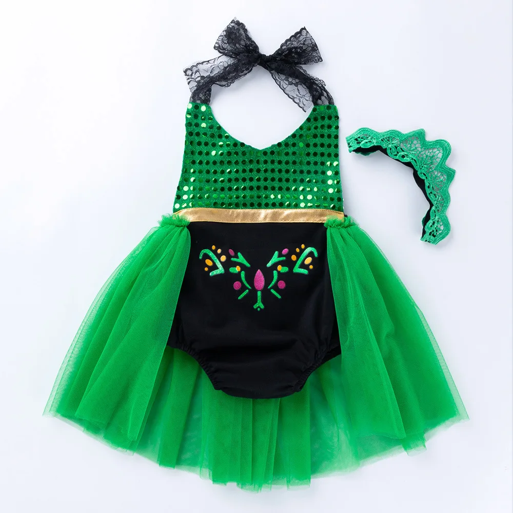 

Toddler Sleeveless Mesh Halter Bodysuit with Bow Hair Ornament Sequin Decoration Princess Summer Clothing