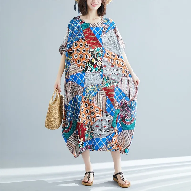 Винтажные народные женские летние длинные платья с принтом пуловер круглым