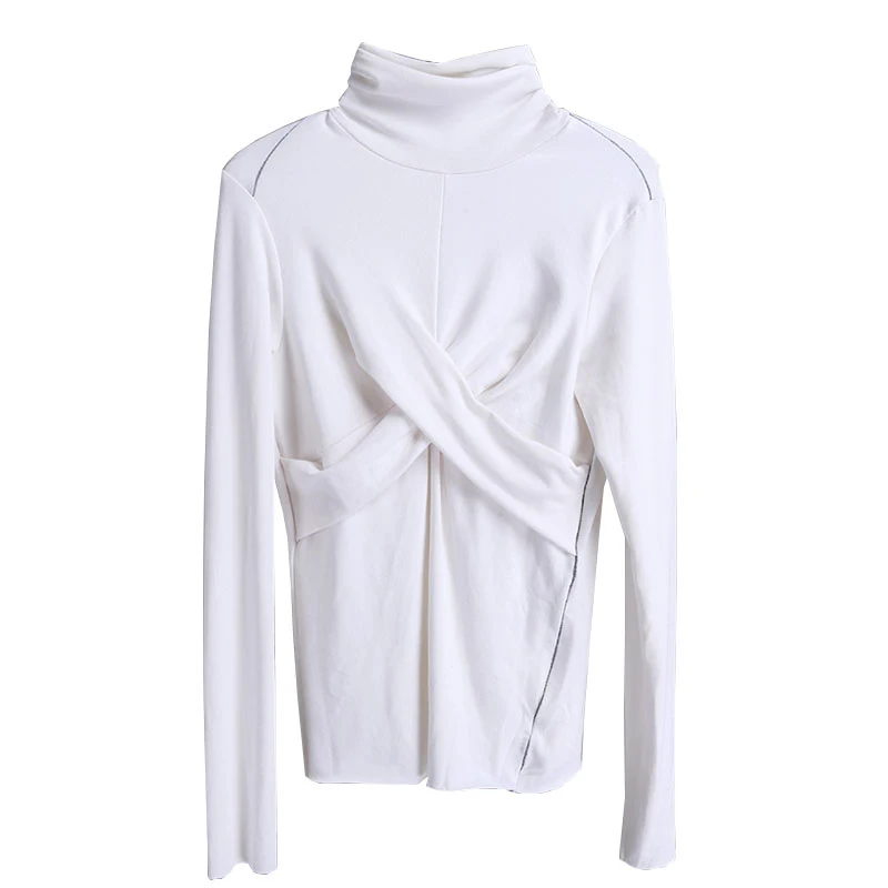 

GALCAUR Pure Color T Shirt For Female Turtleneck Patchwork Cross Women's High Waist Slimming T Shirt Fashion Tide 2021 New
