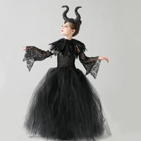 girls halloween evil witch black gown tutu dress with feather shawl victorian kids dark queen villain cosplay fancy costume