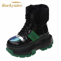 new women winter fur snow boots pu leather warm plush ankle boots female high platform sneakers woman chunky bling short booties