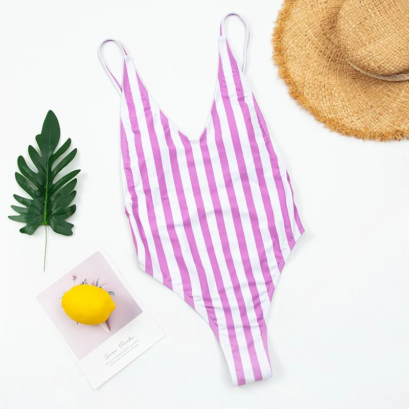 

2020 New Sexy Red Striped One Piece Swimsuit Female Monokini String Push Up Swimwear Women Thong Backless Bathing Suit Swim