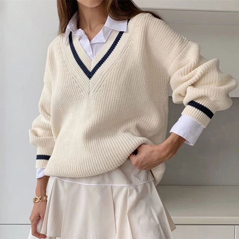 

Зимний женский однотонный вязаный свитер в стиле Харадзюку С V-образным вырезом и длинным рукавом, Пуловеры свободного кроя, корейский стил...