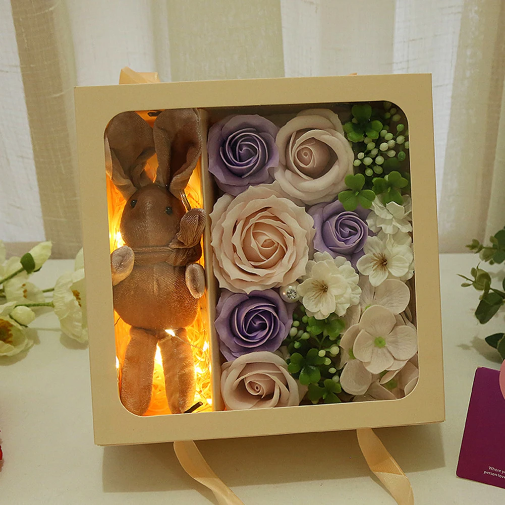 

6pcs Soap Flower Set Handmade Soap Artificial Rose w/Animal Plush Doll Gift Box for Valentine Day Mothers Girlfriend gifts#38