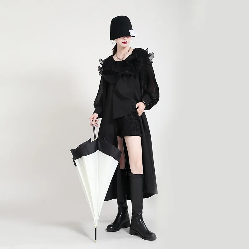 

2021 One-line Collar Ruffled Pleated Chiffon Stitching Shirt Women's Irregular Loose Mid-length Lantern Sleeve Top With Pvc Belt