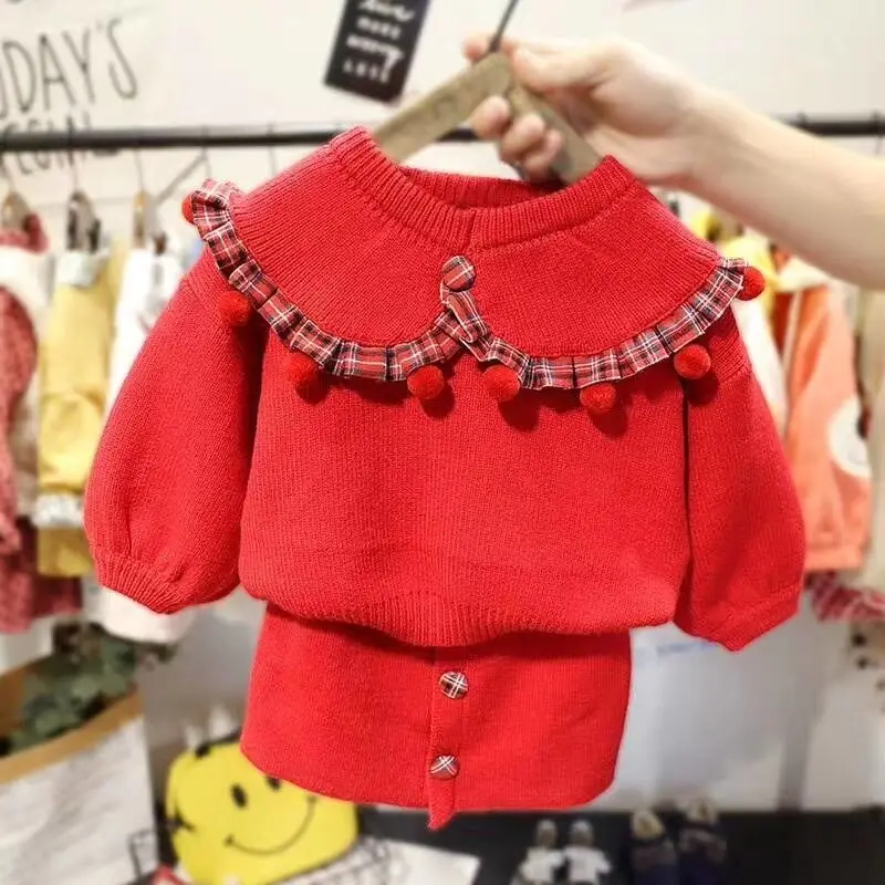 2019 г. Зимние изысканные красные комплекты для маленьких девочек: топ + юбка 5