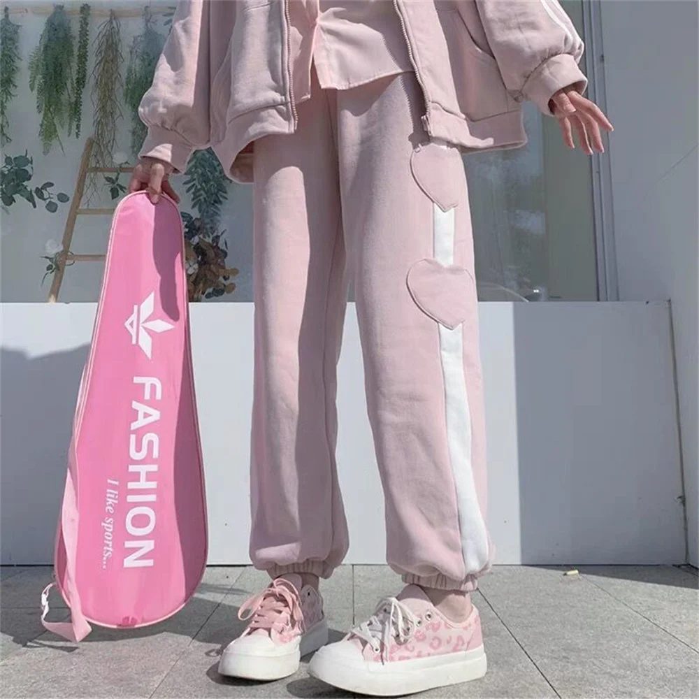 

Pink Heart Leggings Loog Pants Autumn Sweet Cargo Trousers Streetwear Korean Harajuku Kawaii High Street Wide Leg Dance Pants