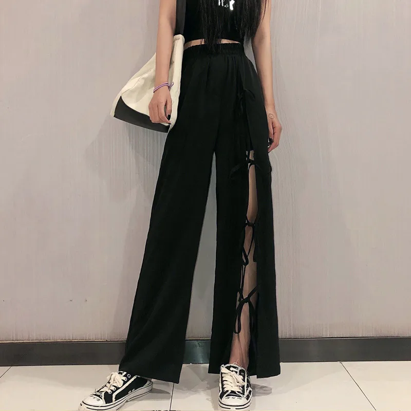 

Hollow Slit High Waist Wide Leg Pants Women 2021 Oversize Bandage Streetwear Sweatpants Baggy hip hop Casual Trouser Plus Size
