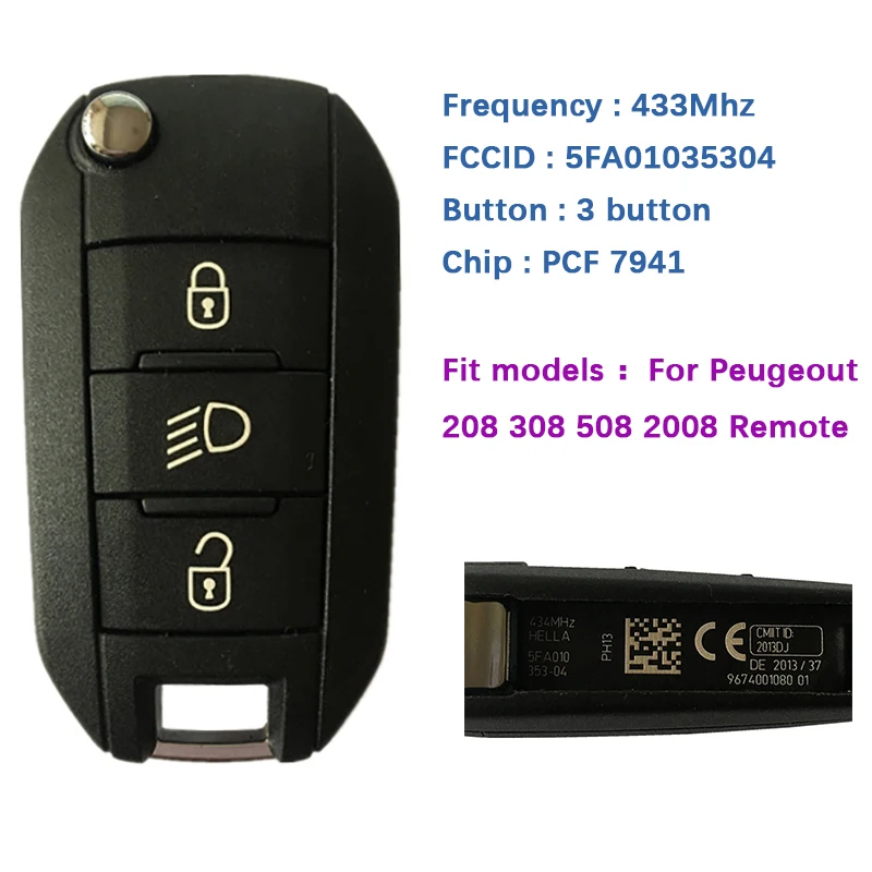 

Оригинальный 3-кнопочный пульт дистанционного управления CN009036 для P-eugeot с частотой 433 МГц, транспондер PCF 7941, номер детали 5FA01035304