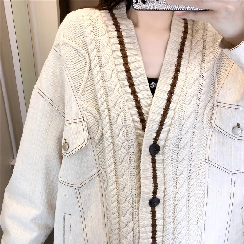 Женский Короткий трикотажный джинсовый свитер однобортная винтажная куртка с