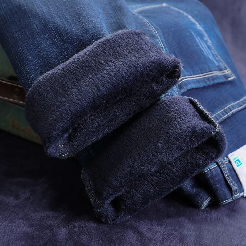 

Men Winter Jeans Fashion Fleece Warm Pants Solid Color Straight Full Length pants PlusSize Casual Trousers Casual Blue Jeans Men