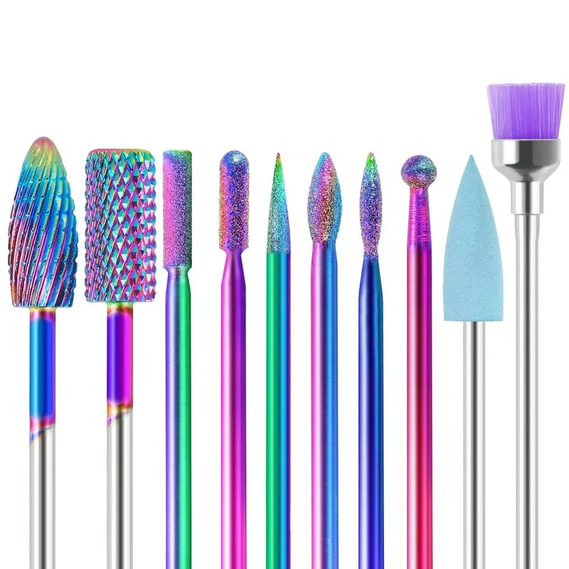 Набор Алмазных фрез набор из 10 твердосплавных насадок радужного цвета для