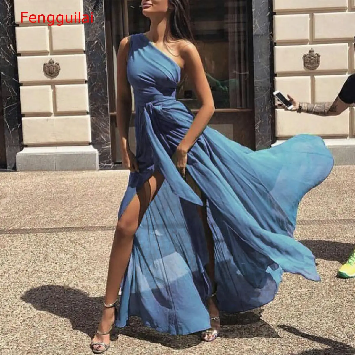 

Женское пляжное платье с открытым плечом, однотонное асимметричное Шифоновое Платье макси с оборками, лето