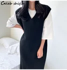 Женское шерстяное длинное платье, элегантное винтажное свободное трикотажное платье-свитер черного цвета без рукавов с V-образным вырезом, Осень-зима