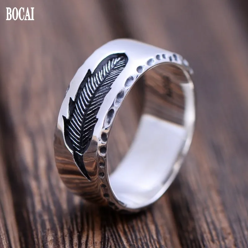 BOCAI new real s925 pure silver jewelry 7mm  creative feather ring men's ring