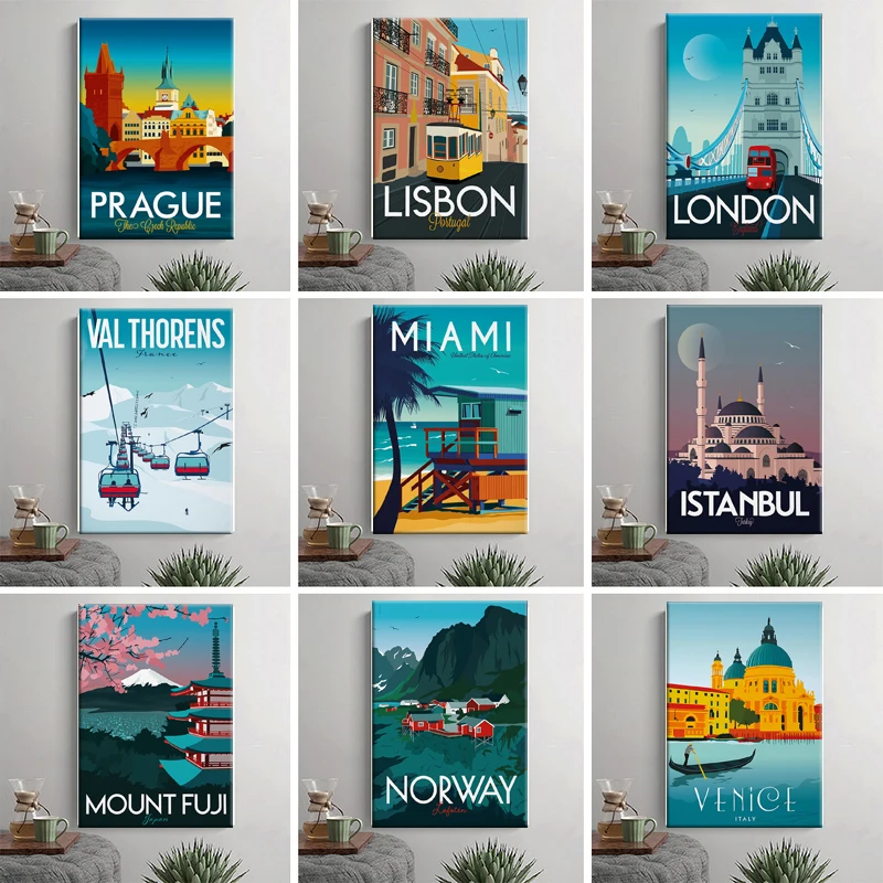 Плакат на холсте с изображением дорожного города и пейзажа |