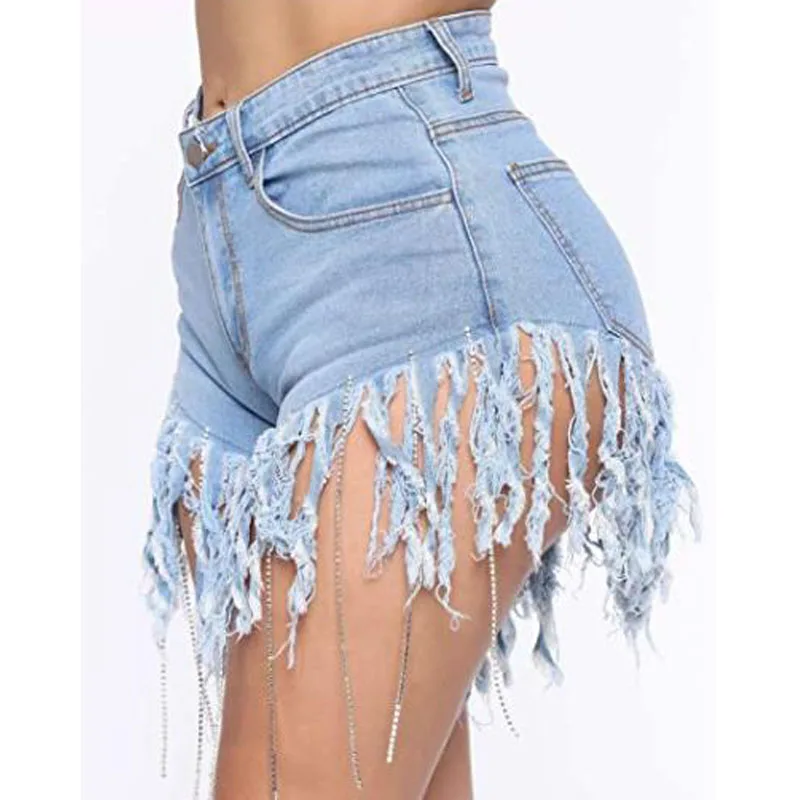 Женские джинсовые шорты размера плюс с бахромой стразами и потертые