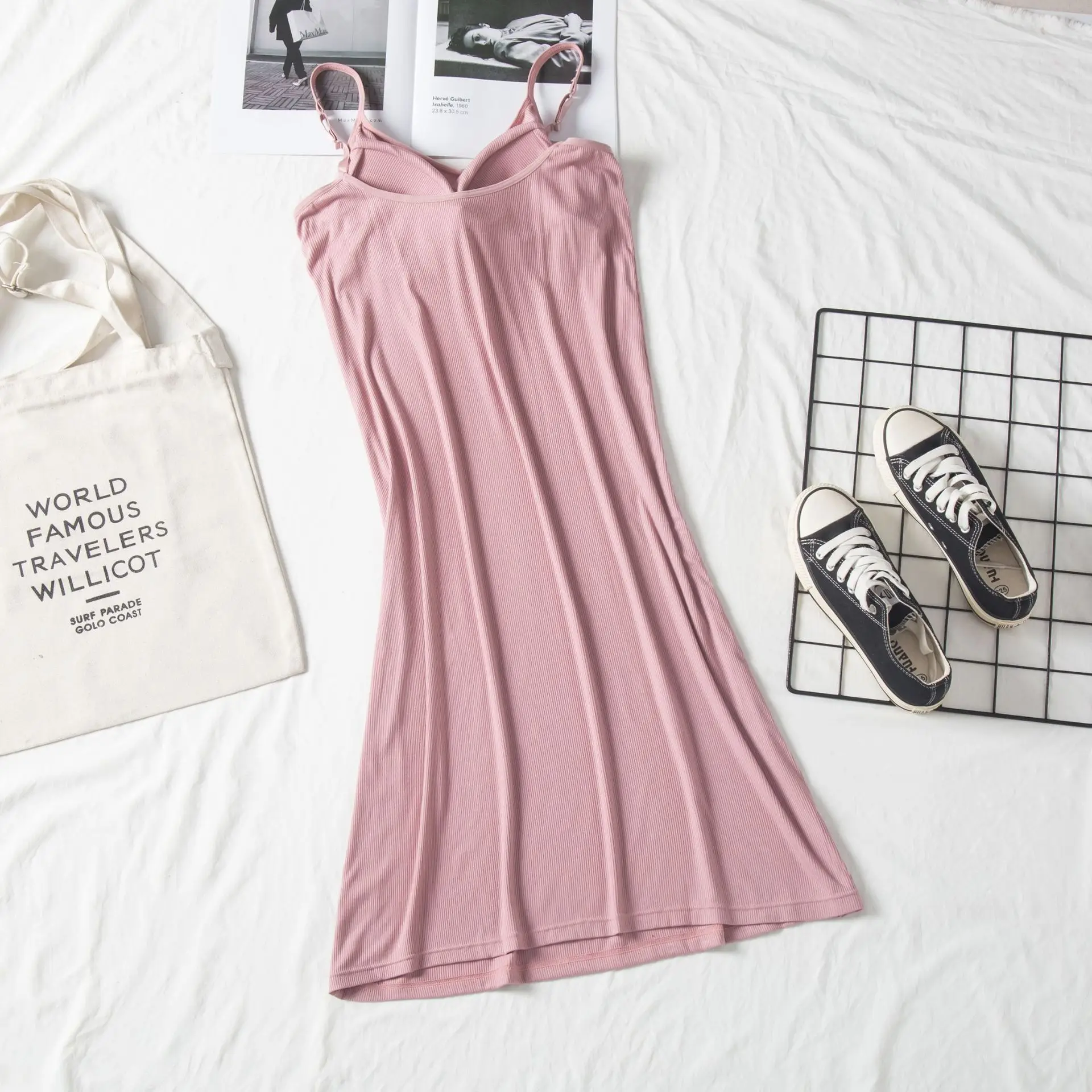 2021 Spring and Summer New Nightdress with Breast Pad Modal Thread Knee Strap Skirt Can Be Worn Loose Large Size Home Nightdress