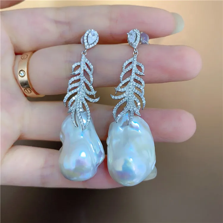 

Белые серьги Keshi с перьями, покрытые серебром, Cz