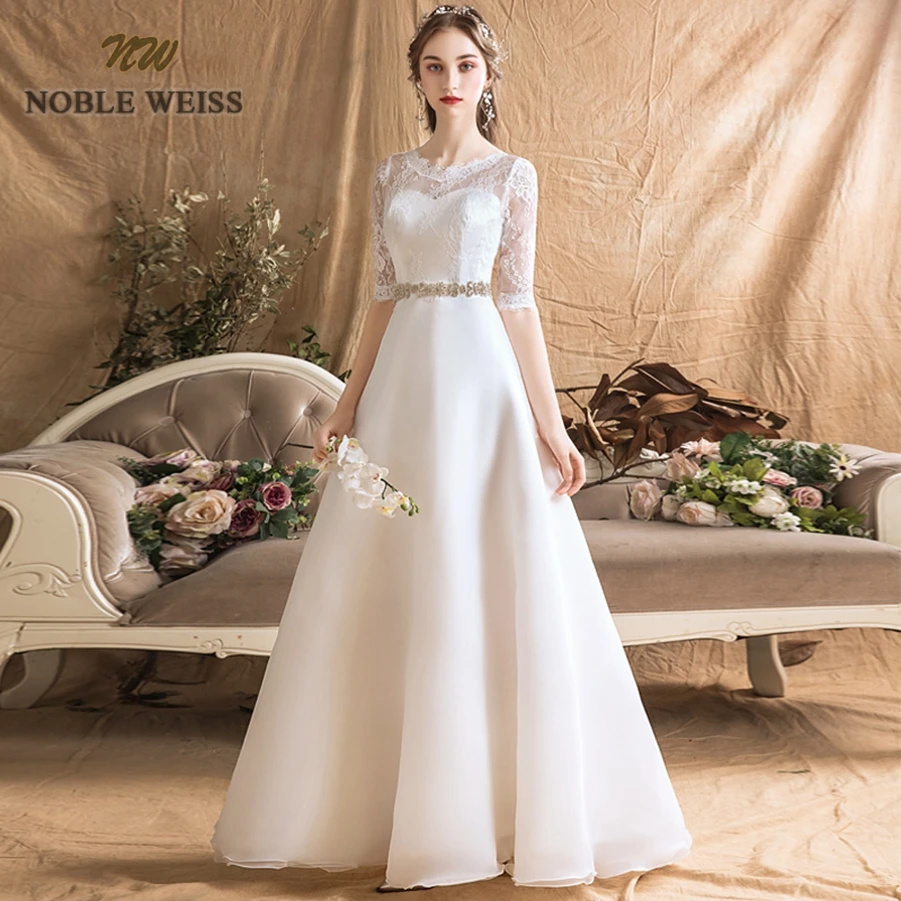 Wedding Dresses Organza A-line Simple Wedding Dress Sexy Floor-length Sashes Bridal Dresses with Half Lace Wedding Gown