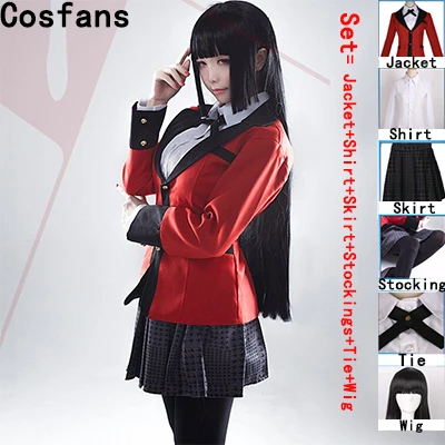 Full Set and wig Популярные крутые костюмы для косплея, аниме Kakegurui Yumeko Jabami, японская школьная форма для девочек, полный комплект, куртка+ рубашка+ юбка+ чулки+ галстук - Цвет: Full Set and wig