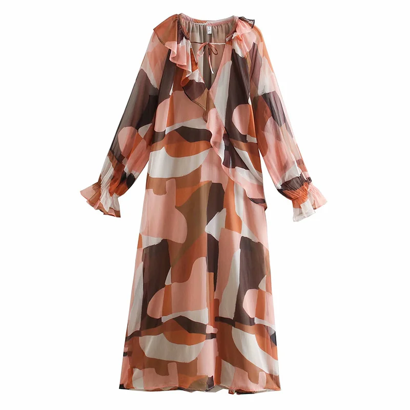 

Fashion Ladies For Flowy Print Dress With Ruffled Tie Women's 2021 New Spring Summer V Neck Puff Sleeve Lace Up Long Dresses