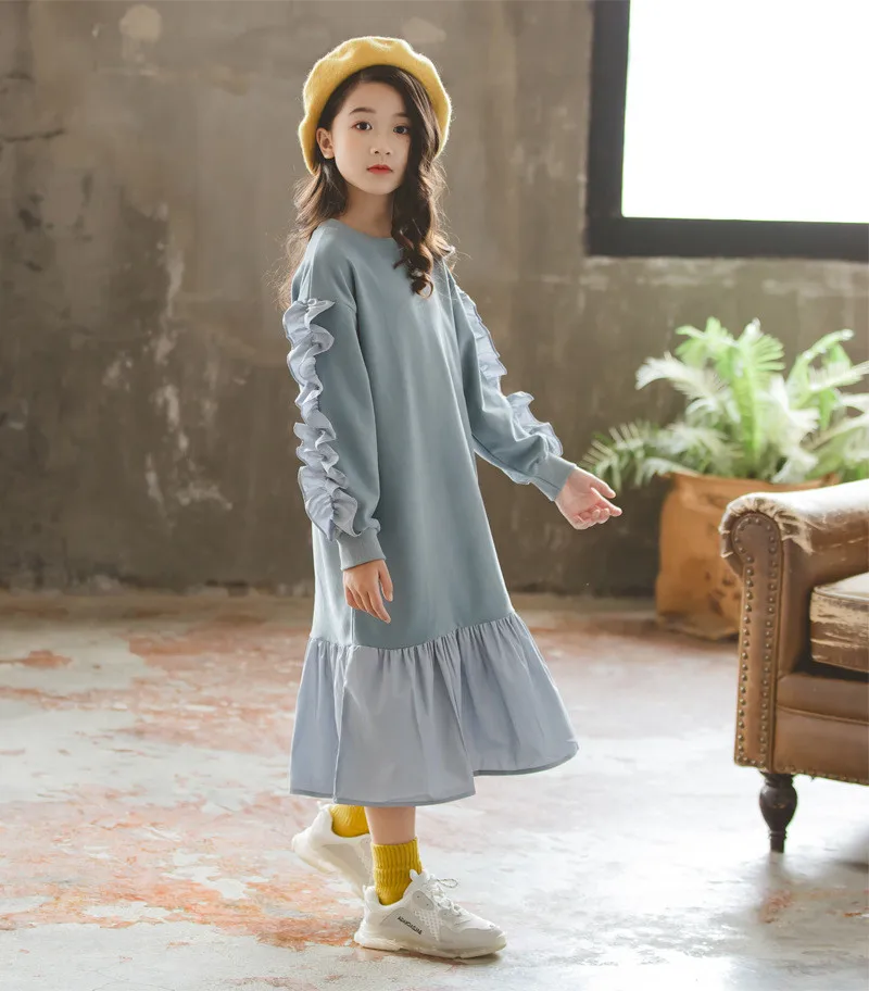 Детское и подростковое платье с оборками на рукавах для девочек от 4 до 16 лет