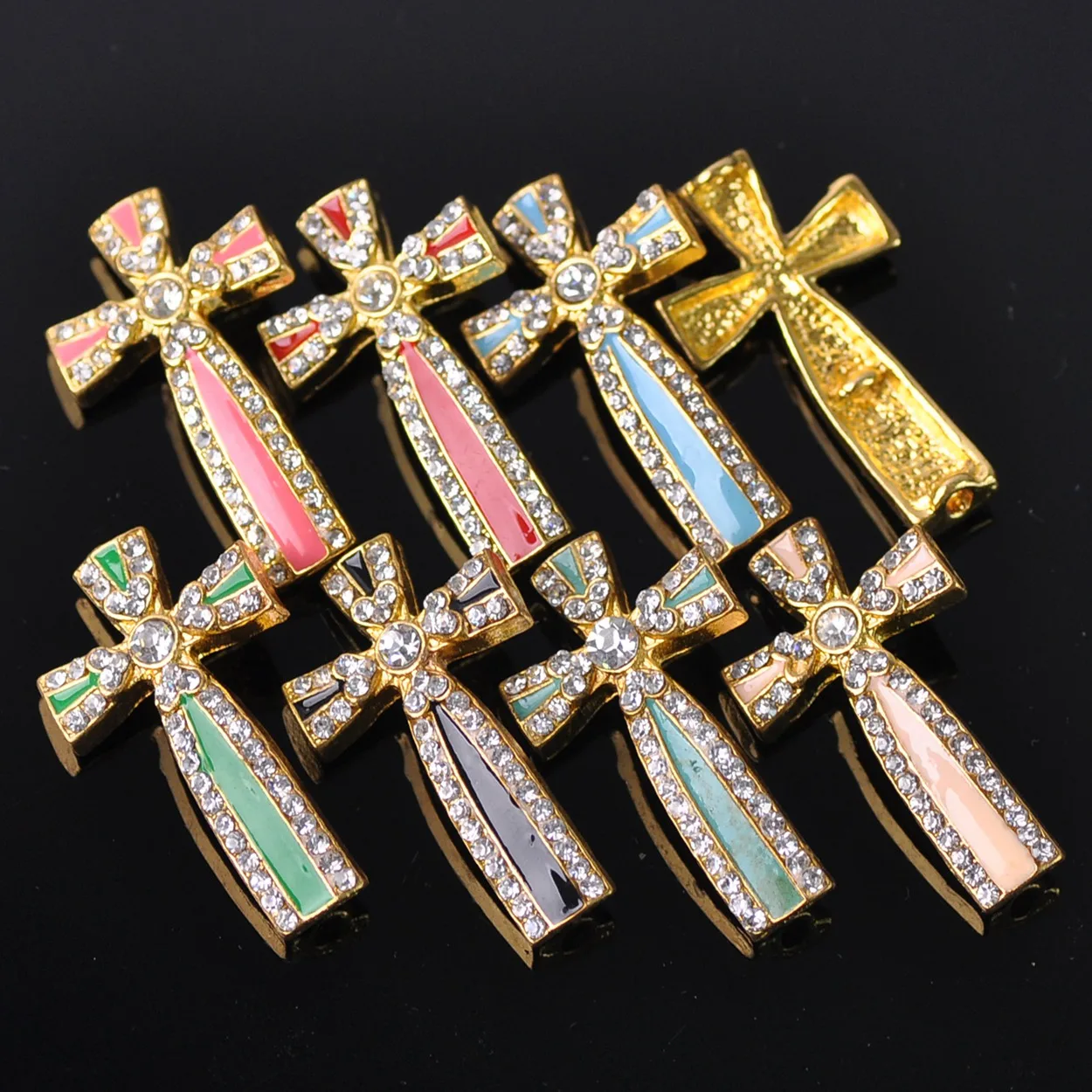 

2pcs 37x21mm Enamel Cross Metal & Crystal Glass Rhinestones Curving Beads Charm Connectors For Jewelry Making DIY Findings