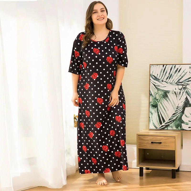 

Spring and Summer Short-sleeved Nightdress Floral Casual Plus Size XL-4XL Loose Home Wear Womens Nightgown Sleepwear Night Gown