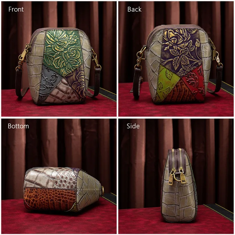 

Genuine Leather Women HandBag Retro Handmade Embossed Shoulder Bag For Women Phone Bag Female Messenger Bags