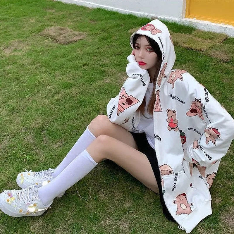 

Cute Bear Print Hoodies Women Harajuku Sweatshirts Japan Kawaii Hoodie Pocket Casual Pullovers Tops Autumn Oversized Hoodies New
