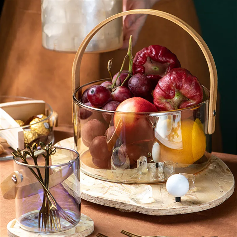 

Nordic Portable Glass Fruit Plate Transparent Ice Wine Bucket Salad Bowl Household Snack Fruit Storage Basket with Wooden Handle