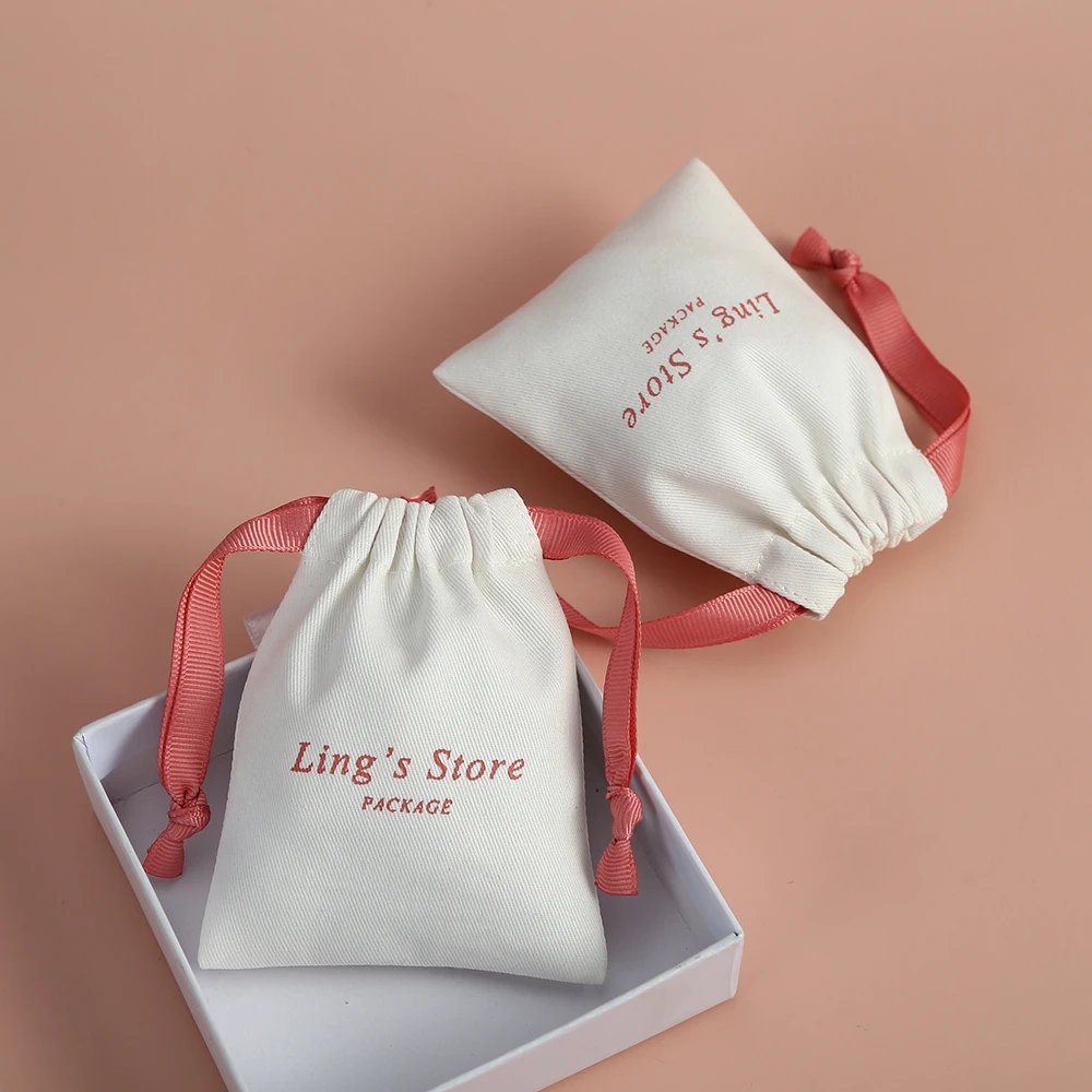 

50 White Cotton Bags Print Your Logo Jewelry Drawstring Pouches Personalized Jewelry Packaging Bag Chic Wedding Favor Bags Pouch