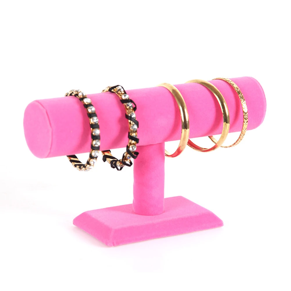 

Portable Velvet Bracelet Necklace Jewelry Organizer Display Stand Holder Organizer Solid Pink PU Leather T-Bar Rack Porte Bijoux