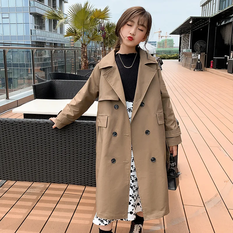 

Teenager Girls Trench Coat Mid-length Kids Double-breasted Overcoat Loose Lacing Children Clothes 14 15 Years Khaki Windbreaker