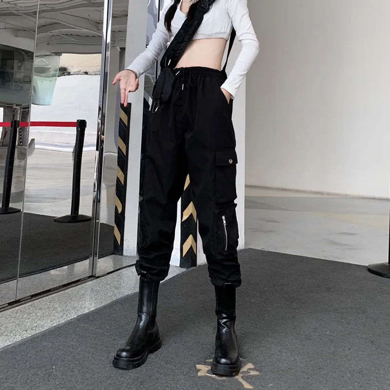 

Elastic Wais Overalls Womens Black Loose Trousers High Waisted Thin Waist Pants Hip Hop Casual Ins Tide Female Stacked Leggings
