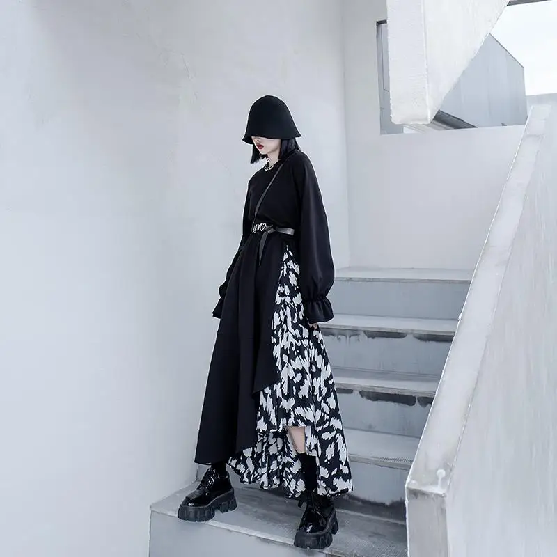 

Black dress Vintage Autumn Women Dress Tie dye Patchwork Long dress Ladies dresses Korean style Fashion 2021 NEW