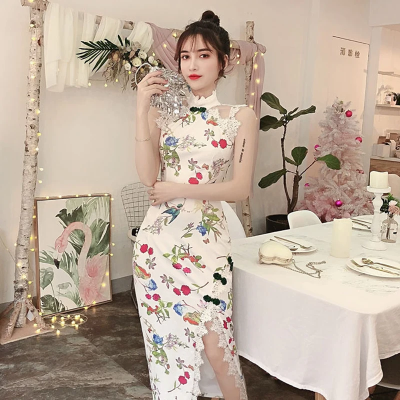 

Women Retro Cute Printed Wedding Dress Chinese Traditional Elegant Lace Cheongsam Slim Qipao Tang Suit Sexy Club Party Bodycon
