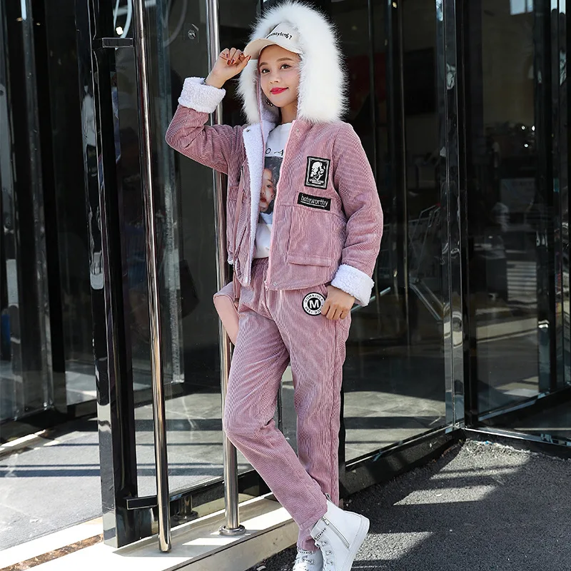 Женский вельветовый спортивный костюм теплый с капюшоном и длинными штанами