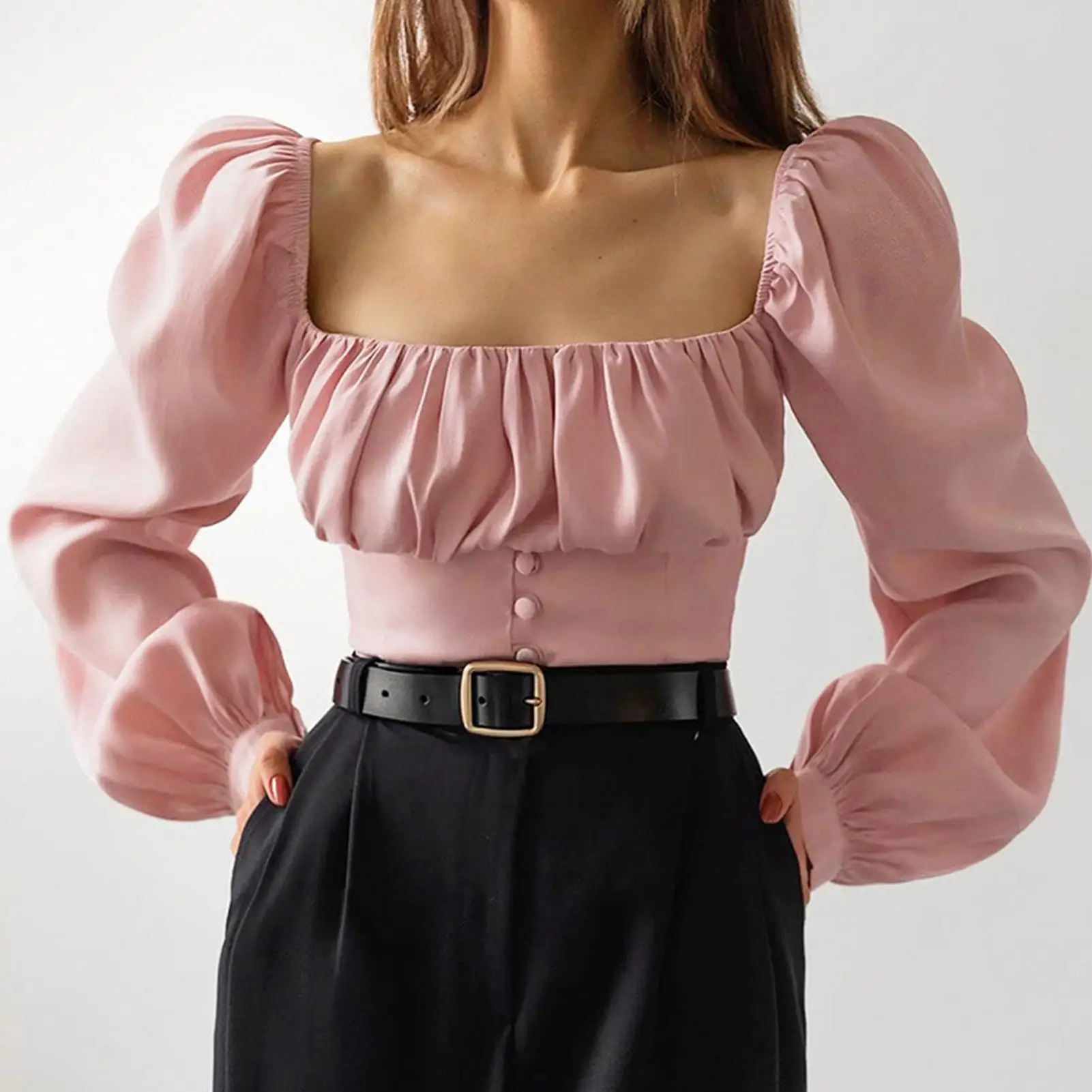 

New off shoulder crop top women tshirts 2021 office lady Elegant Puff Sleeve Pleated Buttons tee club party sexy Casual shirt